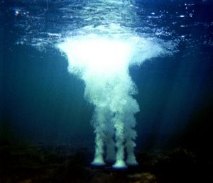 Bottom diffusers send bubble plumes upward, pushing water toward the surface of your pond. 